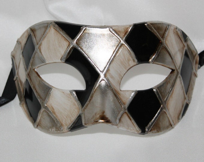 Black and Antique Silver Harlequin Venetian Masquerade Eye Mask for Masked Ball Prom Party