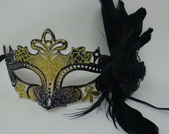 Black and Gold Rialto Masquerade Ball Carnival Party Mask with Flower and Feathers