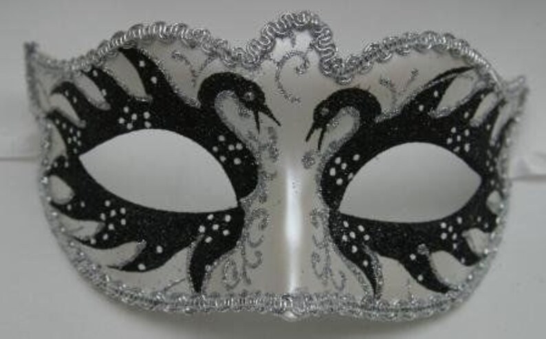 Black and Pearlised White Swan Lake Design Glitter Masquerade Mask