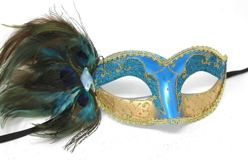 Gold Turquoise Peacock Feather Costume dress up Masquerade Party Ball eye Mask