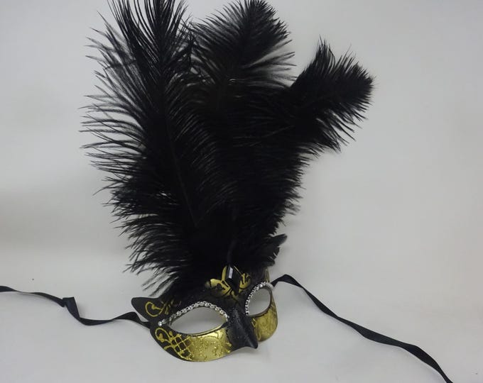 Black and Gold Venetian Masquerade Ball Carnival Party Prom Mask with Long Feathers and Diamontes