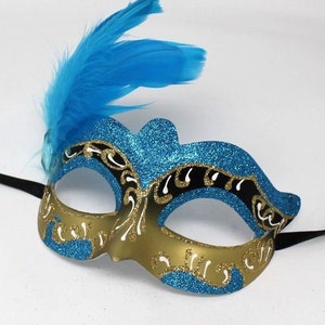 Turquoise Blue and Gold Feather Masquerade Mask