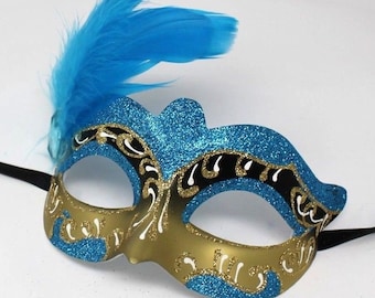 Turquoise Blue and Gold Feather Masquerade Mask