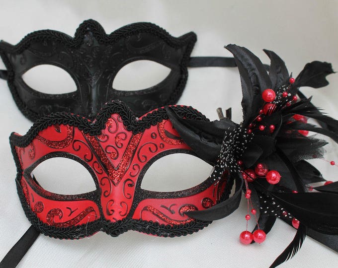 Black & Red Pair of Male and Female Couples Masquerade Masks