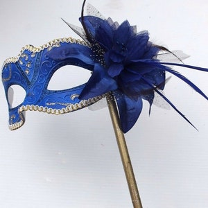 Stunning Blue and Gold With Flower Masquerade Mask on a Gold Stick With ...