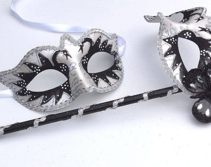 Stunning Black and White His and Hers Couples Masquerade Masks on a Silver Stick with Black Butterfly