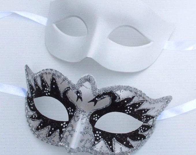 His and Hers Flick Swan Lake Couples Masks in Black and Pearlised White