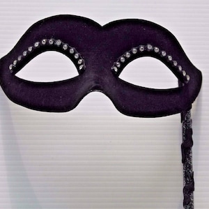 Velvet Diamonte Black Masquerade Mask on a Stick