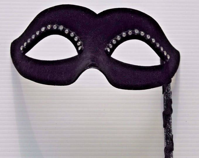Velvet Diamonte Black Masquerade Mask on a Stick