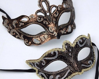 His n Hers Pair of Male and Female Masquerade Mask Black, Bronze, Silver and Gold