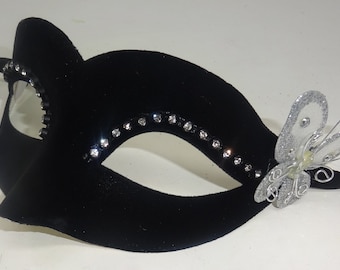 BlackVelour Venetian Masquerade Ball Party Carnival Mask with Silver Butterfly and Diamonte Detail