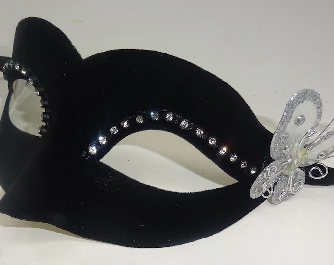BlackVelour Venetian Masquerade Ball Party Carnival Mask with Silver Butterfly and Diamonte Detail