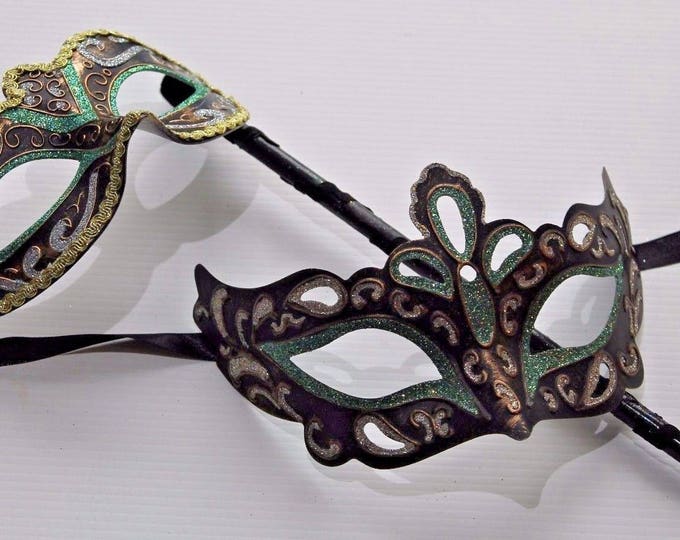 His and Hers Green, Bronze, Silver and Gold Pair of Male and Female Couples Masquerade Masks