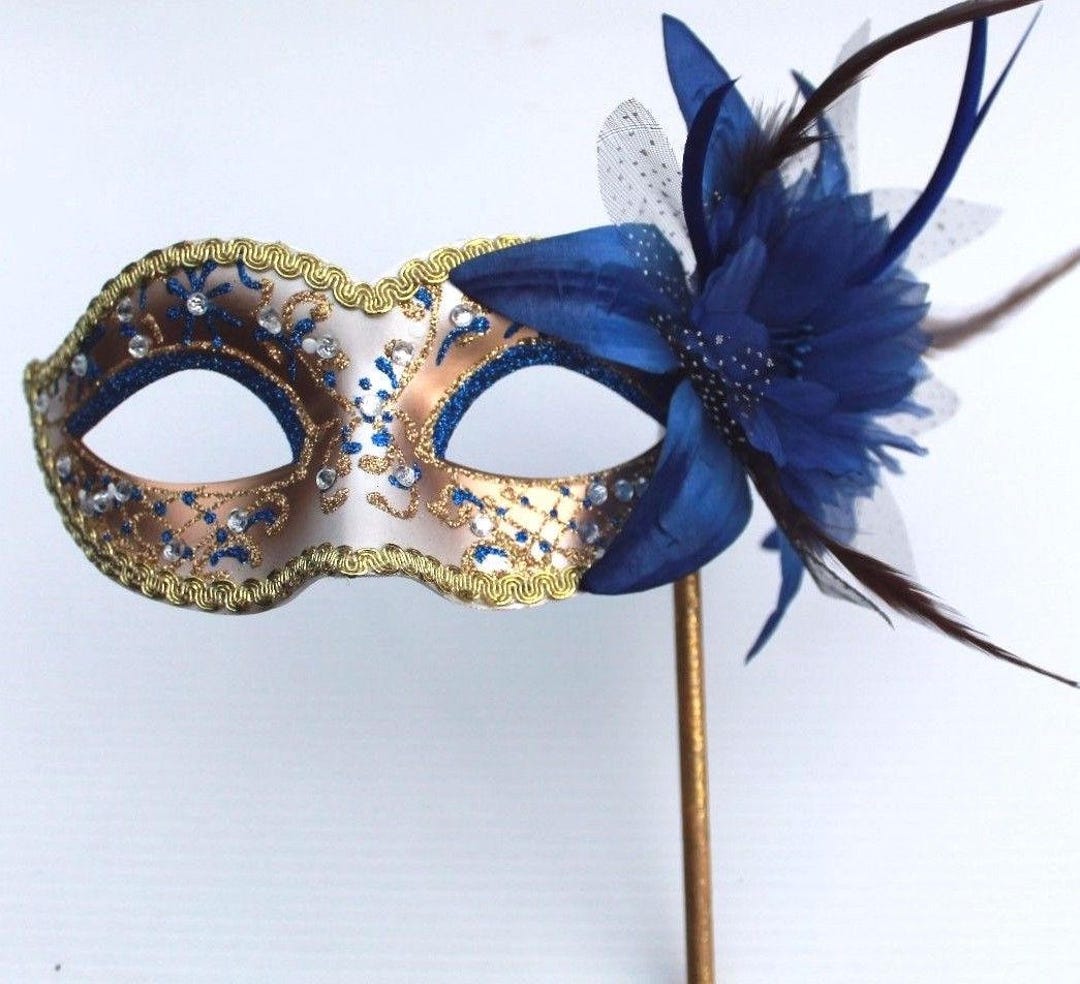 Pretty Blue and Gold With Flower Masquerade Mask on a Gold Stick - Etsy