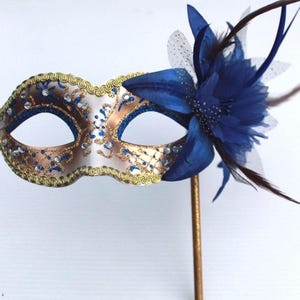 Pretty Blue and Gold with Flower Masquerade Mask on a Gold Stick