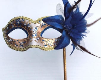 Pretty Blue and Gold with Flower Masquerade Mask on a Gold Stick