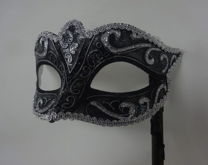 Black and Silver Venetian Masquerade Party Prom Ball Eye Mask Hand Held on a Wooden Stick