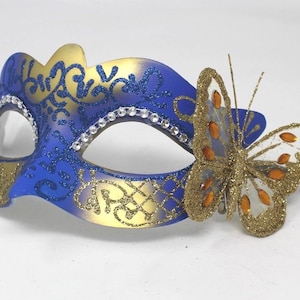 Blue and Gold Masquerade Mask with Gold Butterfly Details