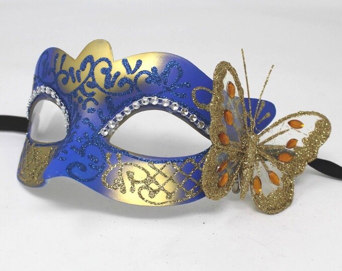 Blue and Gold Masquerade Mask with Gold Butterfly Details