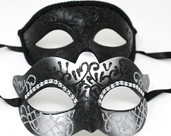 Black and Silver Diamonte Pair of Male and Female Couples Masquerade Masks