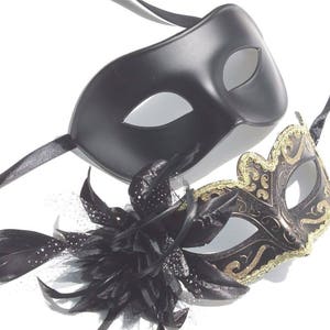Couples His and Hers Masquerade Masks in Gold, Black and Bronze with Flower Detail