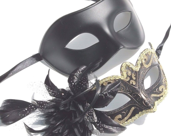 Couples His and Hers Masquerade Masks in Gold, Black and Bronze with Flower Detail