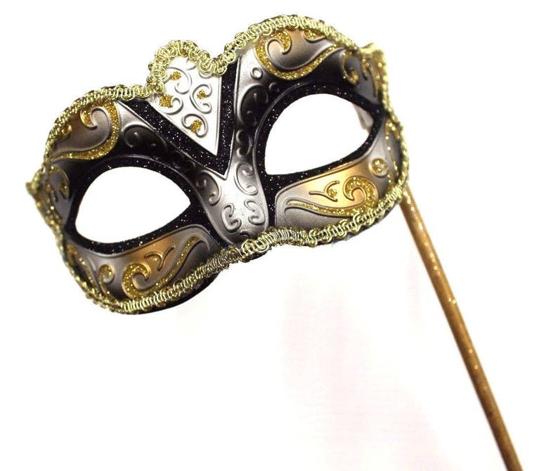 Black and Gold Masquerade Mask on a Stick
