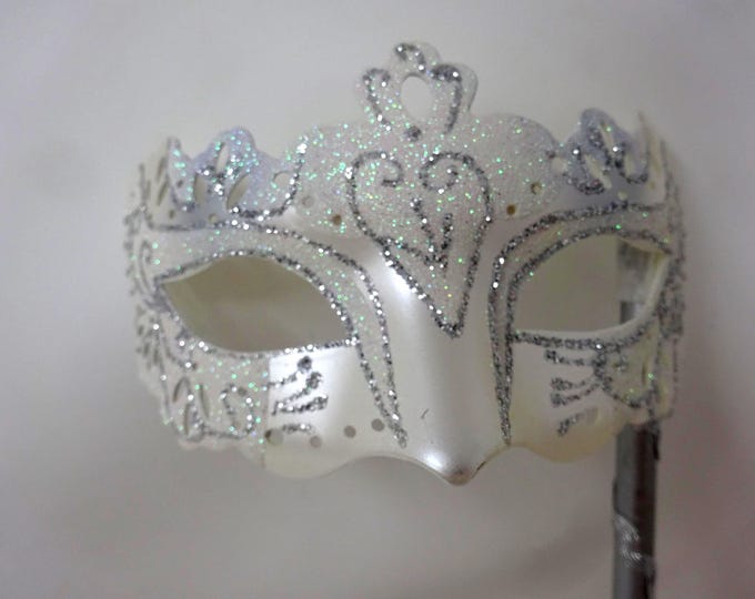 Ladies White and Silver Masquerade Party Carnival Ball Mask Hand Held on a Wooden Stick