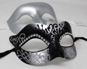 Black and Silver Diamonte Pair of Male and Female Couples Masquerade Masks