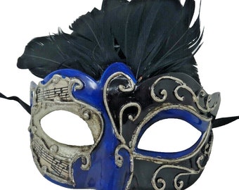 Blue Silver and Black Musical Feather Masquerade Mask for Masked Ball with Musical Notes Script