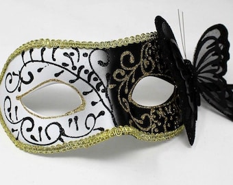 Black and Gold Masquerade Mask with Black Butterfly Details