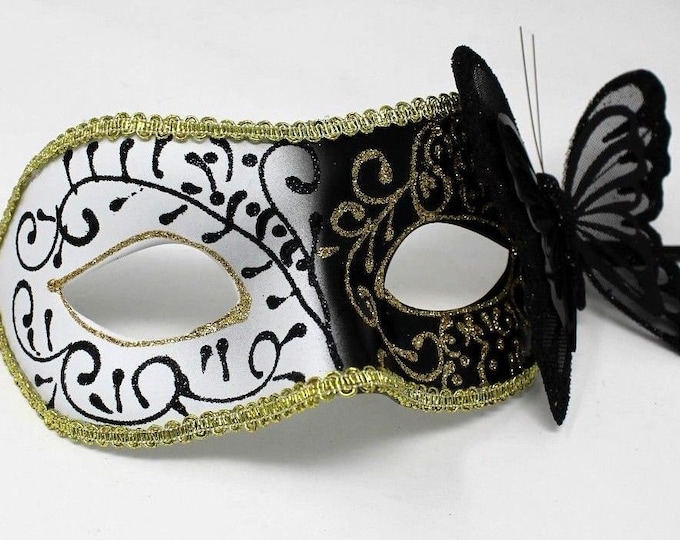 Black and Gold Masquerade Mask with Black Butterfly Details