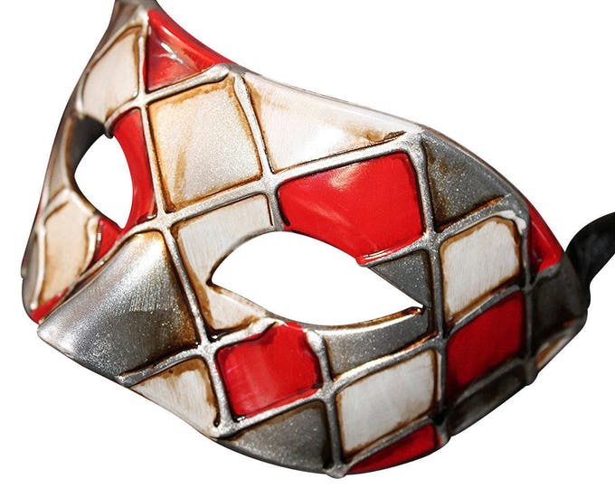 Red and Antique Silver Harlequin Masquerade Mask for Masked Ball