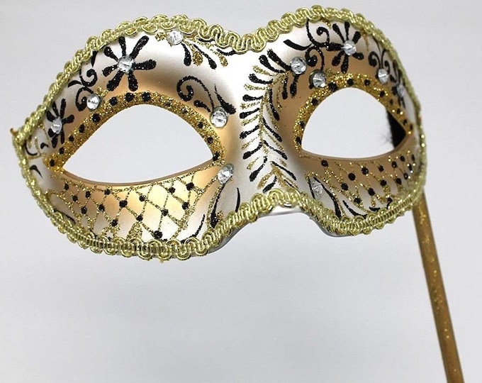 Hand Held Ladies Glittering Black and Gold Masquerade Mask on a Stick with Diamontes