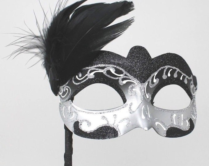 Stunning Black and Silver Feather Masquerade Mask on a Black Stick