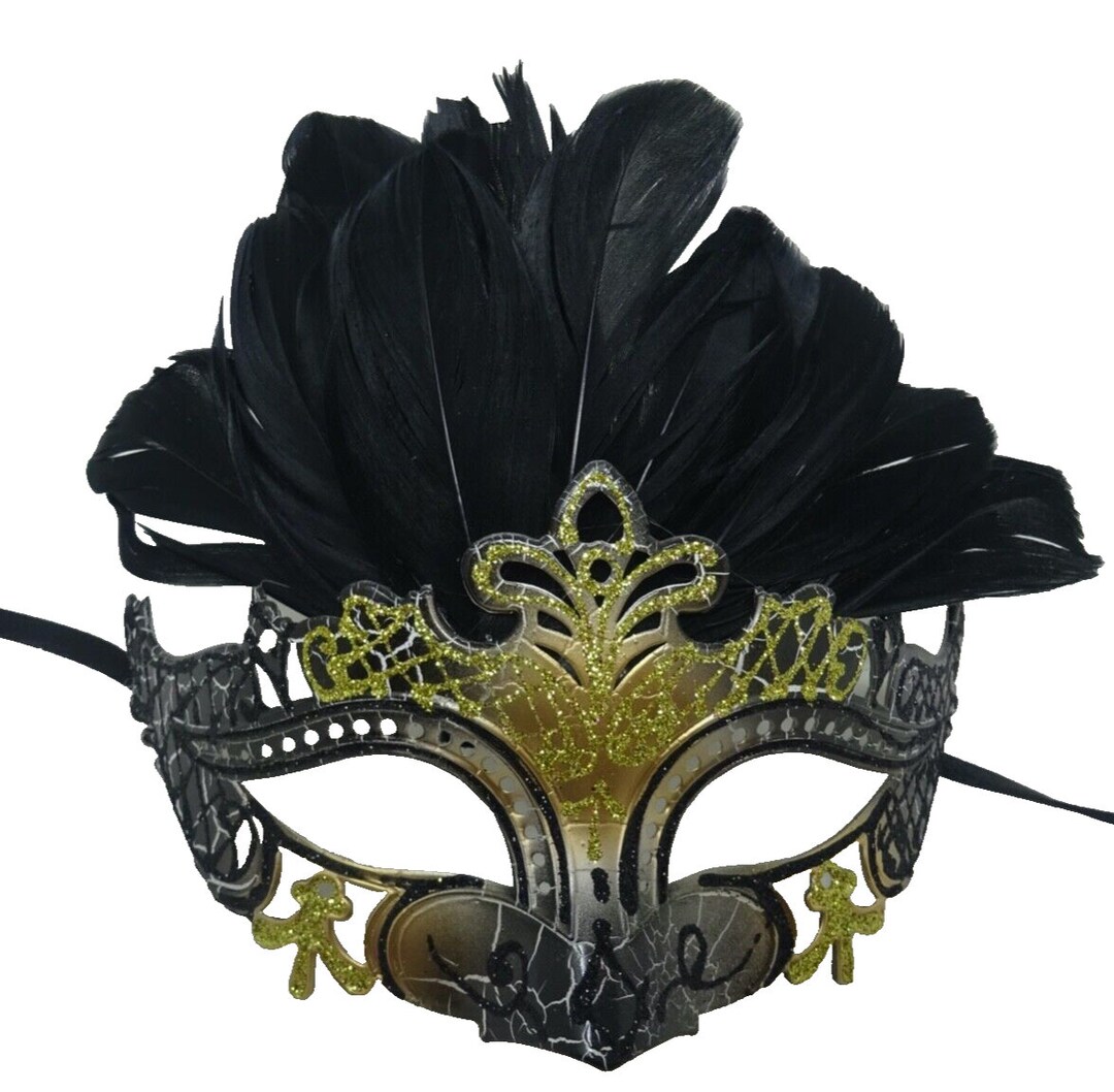 Black and Gold Rialto Masquerade Ball Carnival Party Mask With Feathers ...
