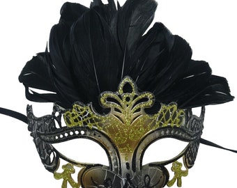 Black and Gold Rialto Masquerade Ball Carnival Party Mask with Feathers