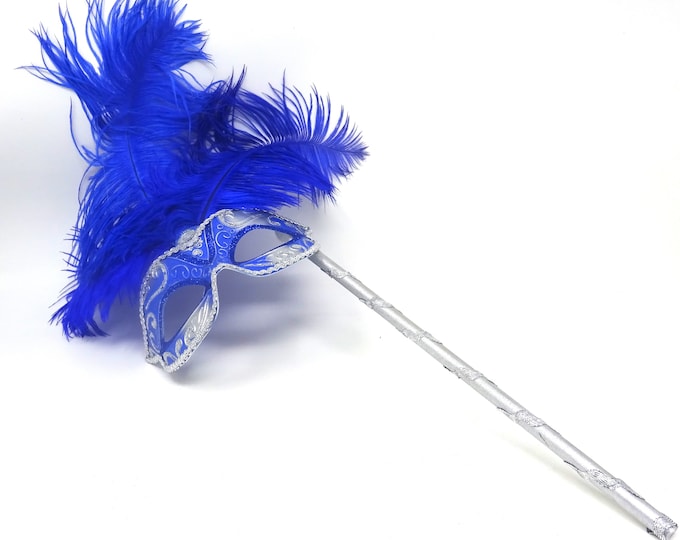 Blue and Silver Tall Feather Masquerade Party Carnival Ball Mask an a Hand Held Wooden Stick