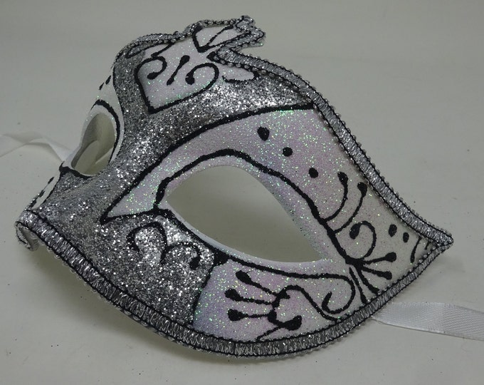 Black Frosted White and Silver Glitter Masquerade Party Ball Mask