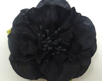 Hair Fascinator or Brooch Small Black Flower Shimmering Fabric & Contrasting Green Leaves with Hair Elastic and Crocodile Clip Fastening