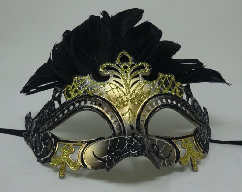 Black and Gold Rialto Masquerade Ball Carnival Party Mask With Feathers ...