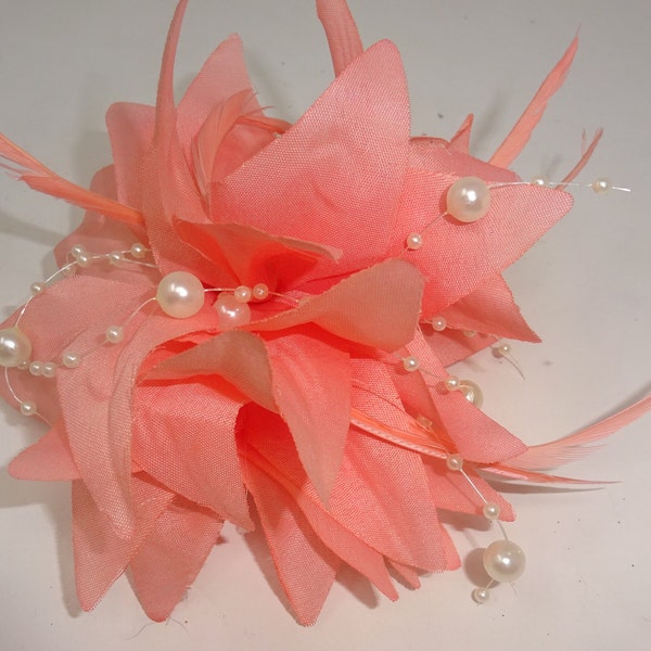 Hair Fascinator Corsage and Brooch Peach/Apricot with Decorative Pearlised Beaded Stamens Clip & Pin Fastening