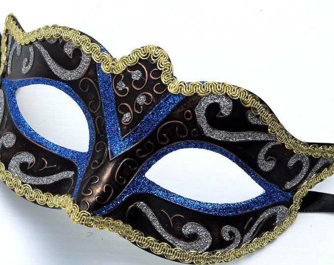 Mens or Ladies Blue and Black Masquerade Ball Halloween Mask