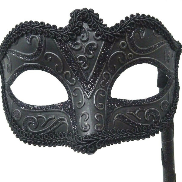 Stunning Black Masquerade Mask on a Black Stick