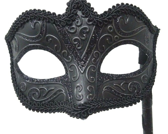 Stunning Black Masquerade Mask on a Black Stick