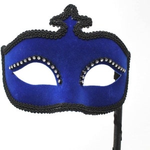 Stunning Blue Masquerade Mask with Black Braid and Diamontes on a Black Stick