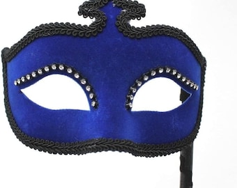 Stunning Blue Masquerade Mask with Black Braid and Diamontes on a Black Stick