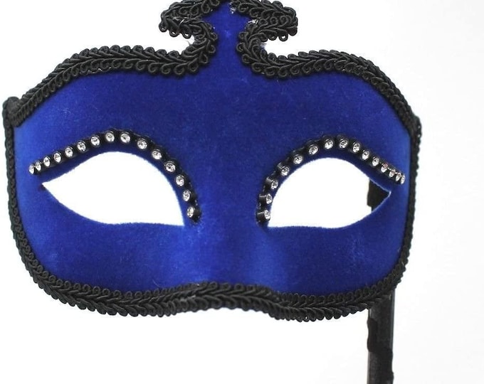 Stunning Blue Masquerade Mask with Black Braid and Diamontes on a Black Stick