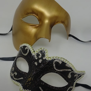 His and Hers Black Silver and Gold Mask and a Gold Phantom Mask Pair of Male and Female Couples Masquerade Masks