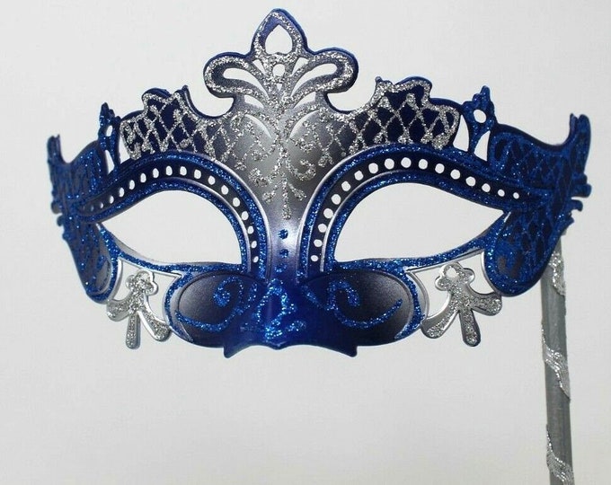 Blue and Silver Rialto Masquerade Party Ball Eye Mask Hand Held on a Stick